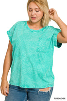 Zenana Turquoise Crinkle Washed Round Neck Folded Short Sleeve Tee