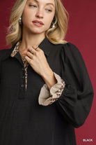 Umgee Black Half Button Blouse with Leopard Print Trim