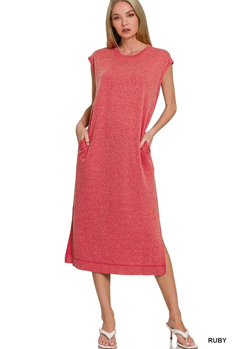 Zenana Ruby French Terry Sleeveless Round Neck Midi Dress RUBY