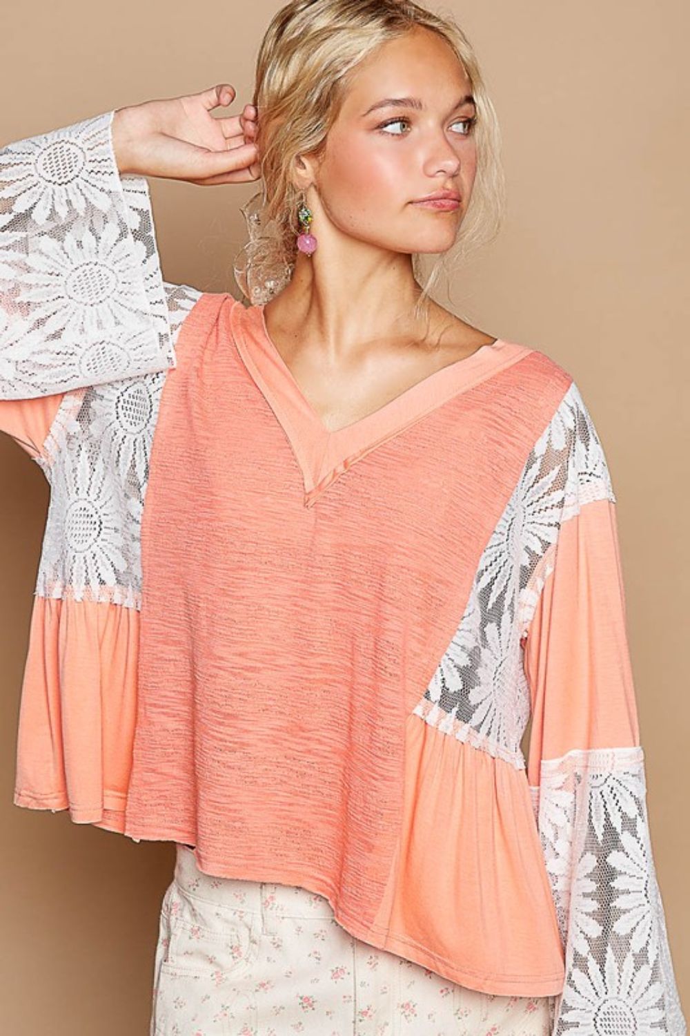 POL Coral Lace Detail V-Neck Flare Sleeve Blouse Coral