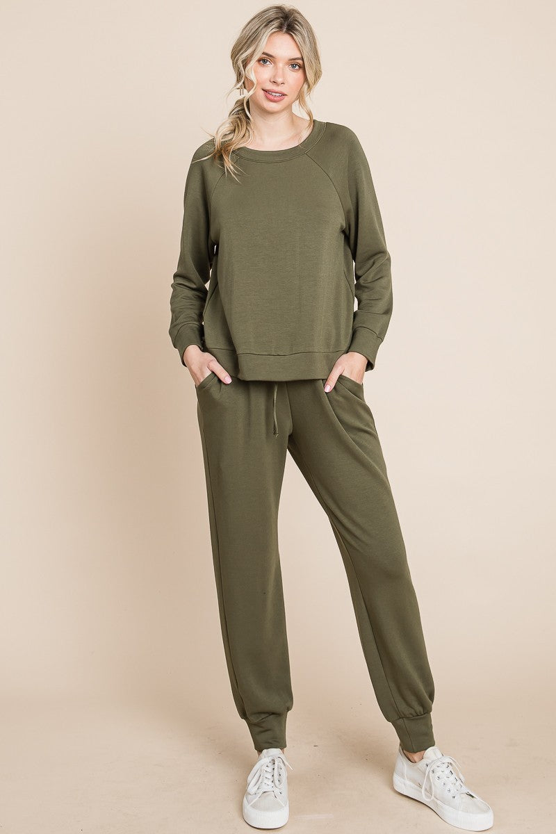 Super Lady Olive Fleece Round Neck Raglan Sleeve Top and Pants Lounge Set Trendsi