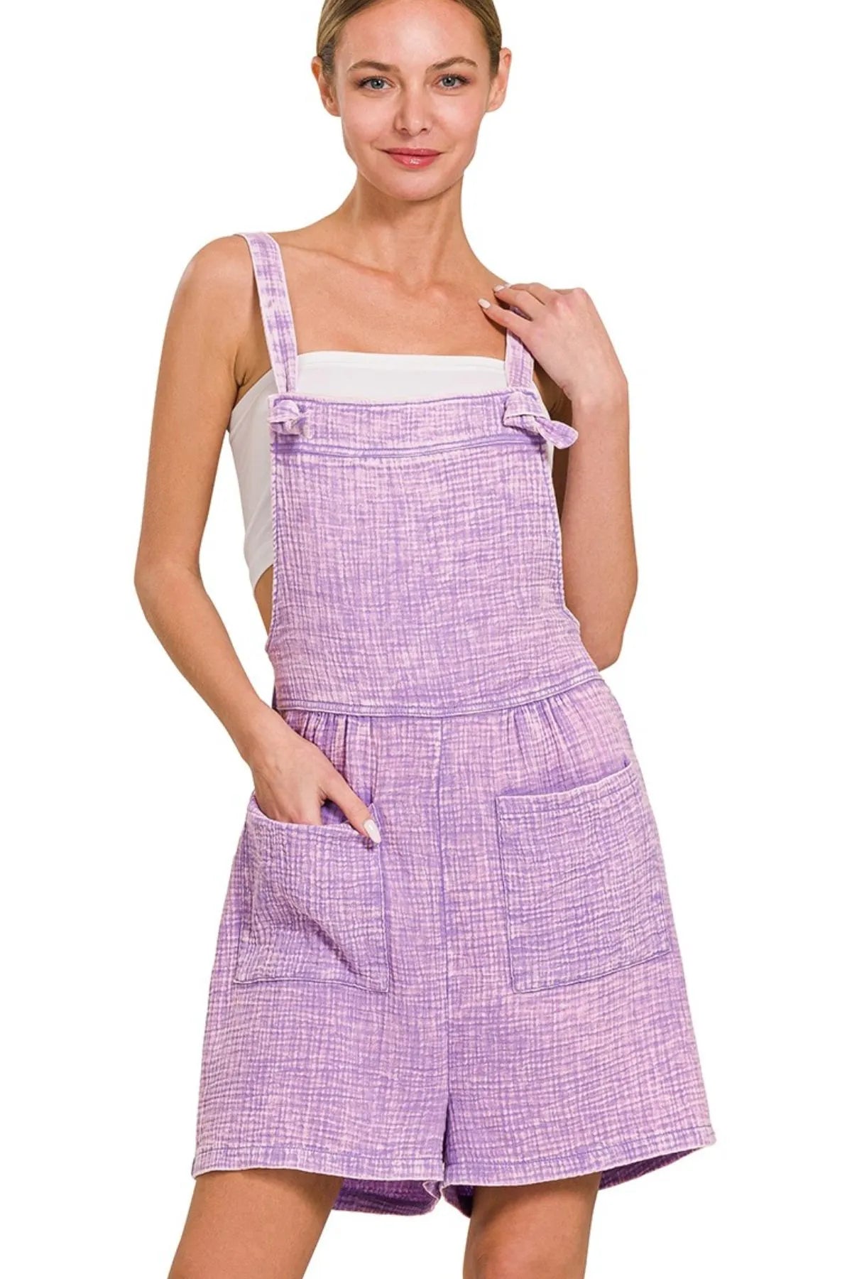 Zenana Bright Lavender Woven Double Gauze Acid Washed Romper LAVENDER