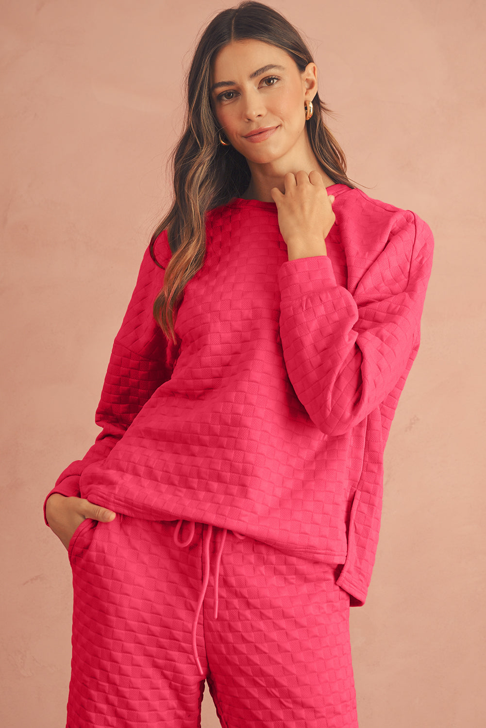 Strawberry Pink Checkered Textured Split Pullover Top and Pants Set Shewin