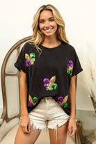 BiBi Black Charcoal Fleur De Lis Sequin Patches Mardi Gras Sleeve Top