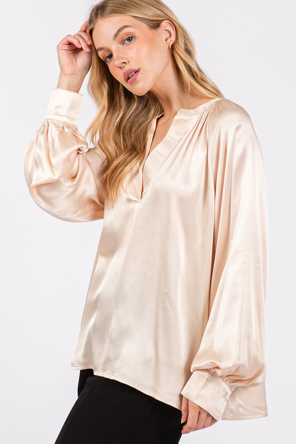 SAGE + FIG Champagne Notched Long Sleeve Blouse Trendsi