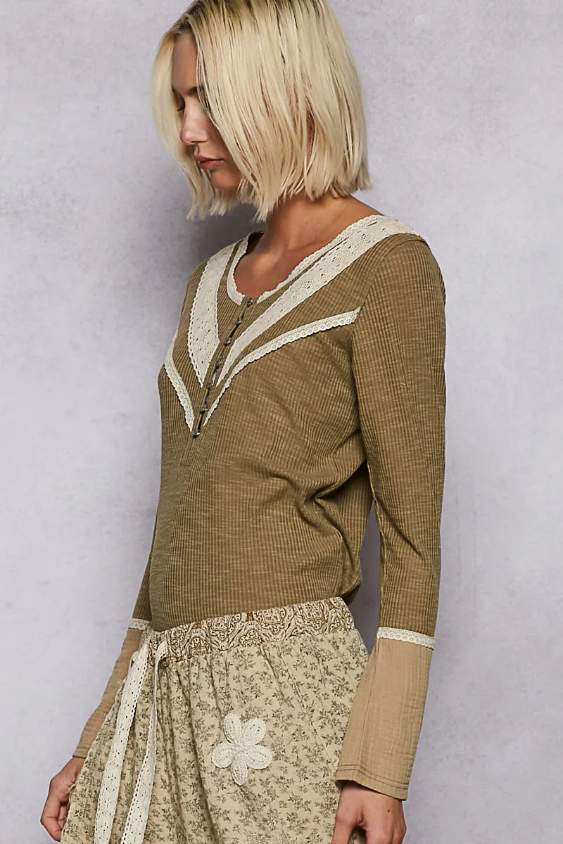 POL Olive Ribbed Half Button Lace Detail Knit Top