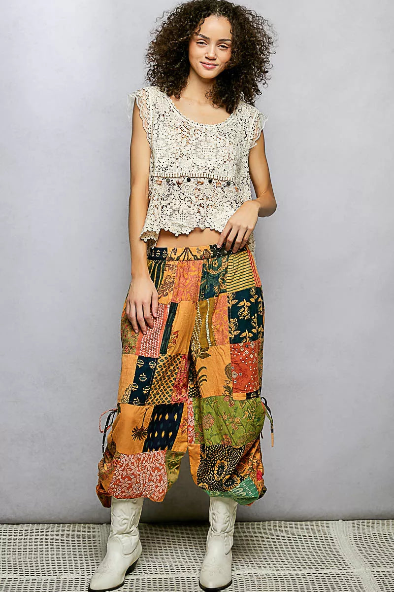 POL Honey Multi Printed Patchwork Wide Leg Pants with Adjustable Side Drawstring