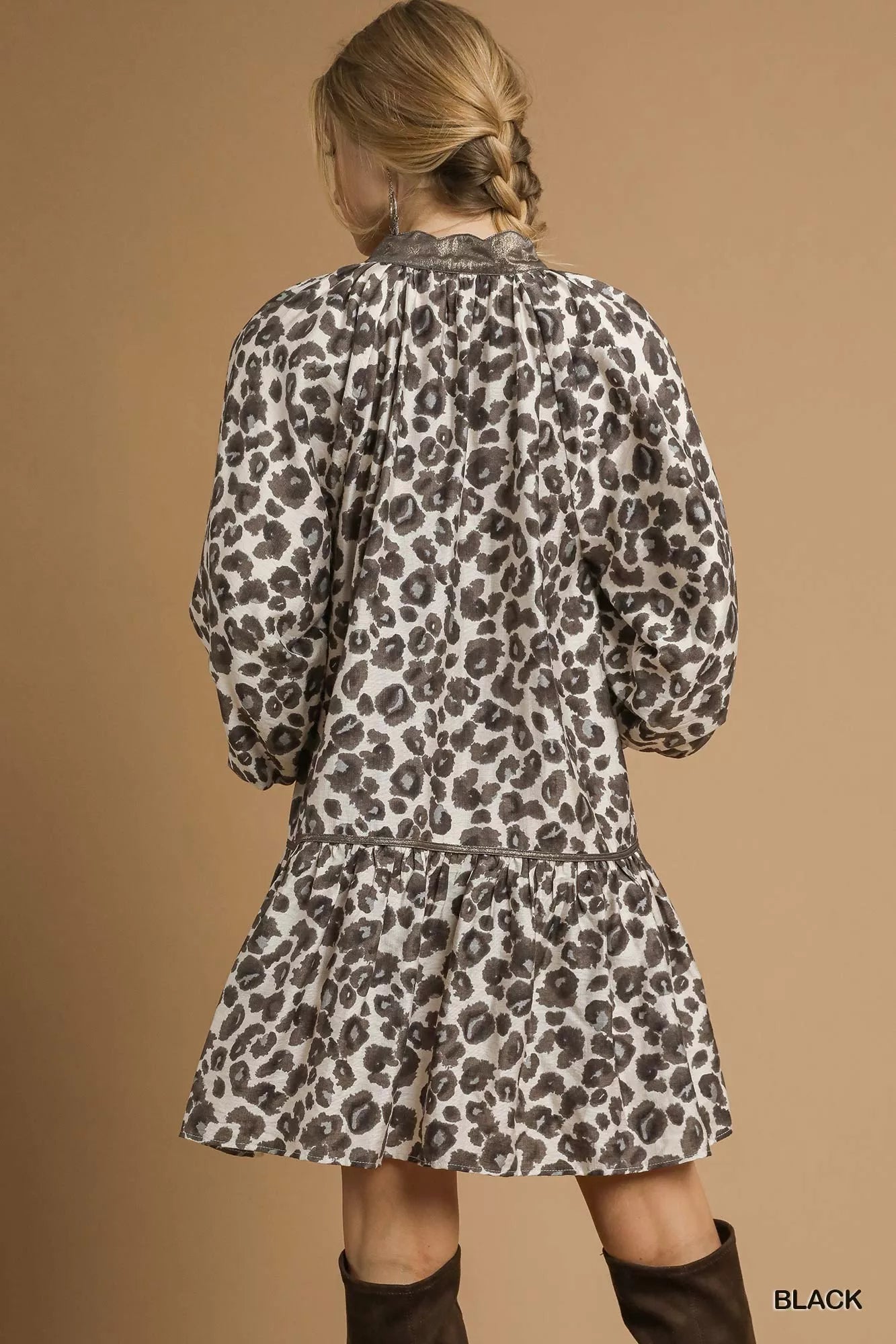 Umgee Black Leopard Print Tiered Mini Dress