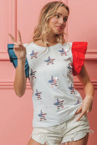 BiBi American Flag Sequin Stars Ruffled Sleeve Top