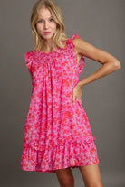 Umgee Hot Pink Smocked Detail Floral Metallic Ruffle Cap Sleeve Dress