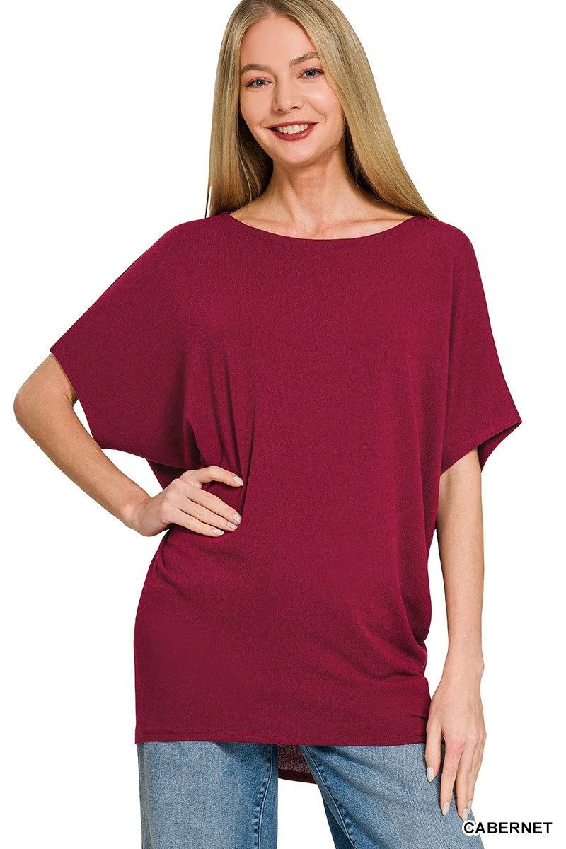 Zenana Cabernet Hacci Dolman Sleeve Boat Neck Top CABERNET