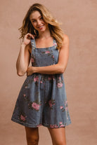 BiBi Dark Washed Flower Printed Wide Strap Denim Overalls