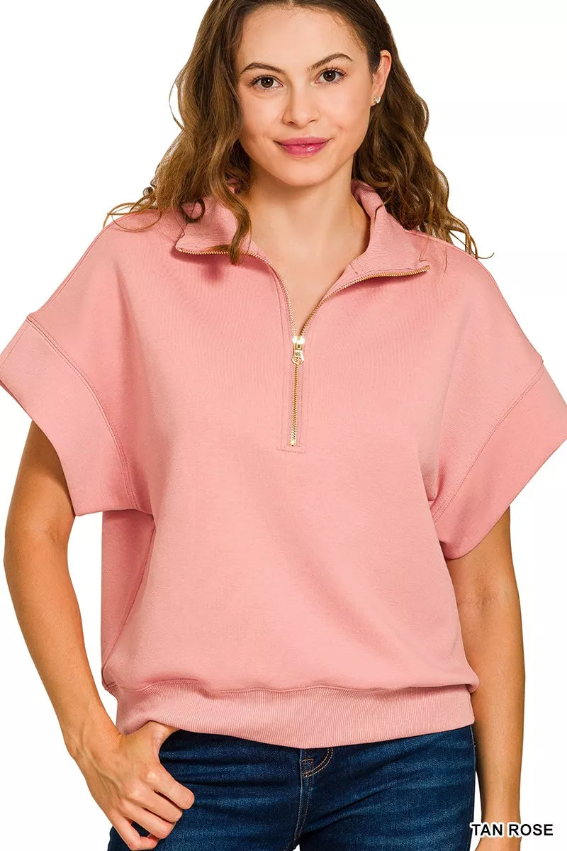 Zenana Tan Rose Scuba High Neck Half Zip Short Sleeve Top TAN ROSE