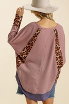 Umgee Dusty Pink Leopard High-Low Dolman Sleeve Waffle Knit Top