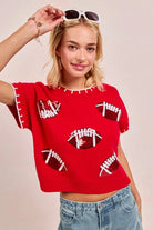 BiBi Red Game Day Sequin Football Embroidered Stitch Sweater