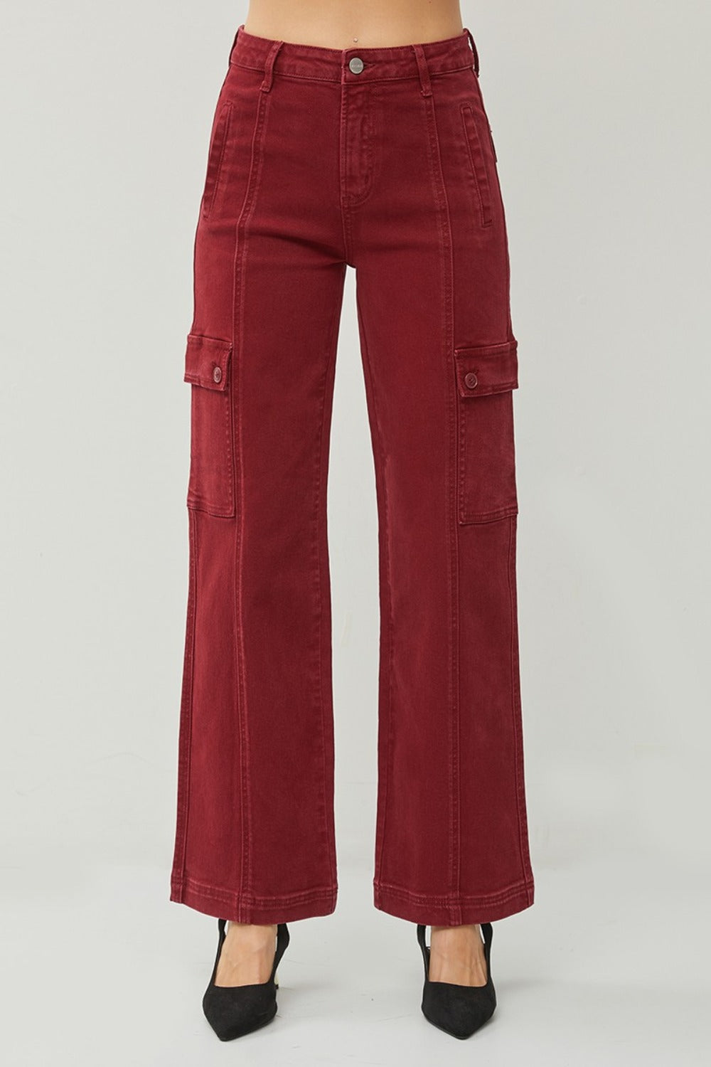 RISEN Wine Colored High Rise Wide Leg Cargo Jeans Trendsi