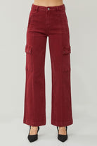 RISEN Wine Colored High Rise Wide Leg Cargo Jeans