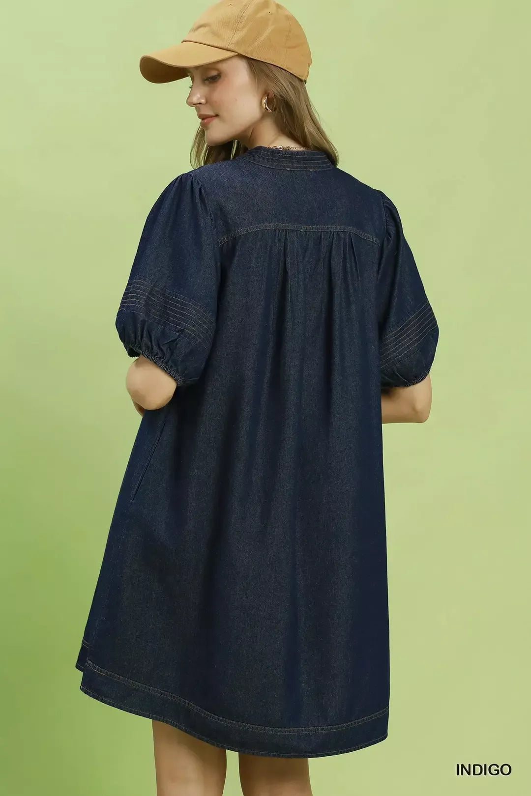 Umgee Indigo Notched Puff Sleeve Mini Dress with Pockets