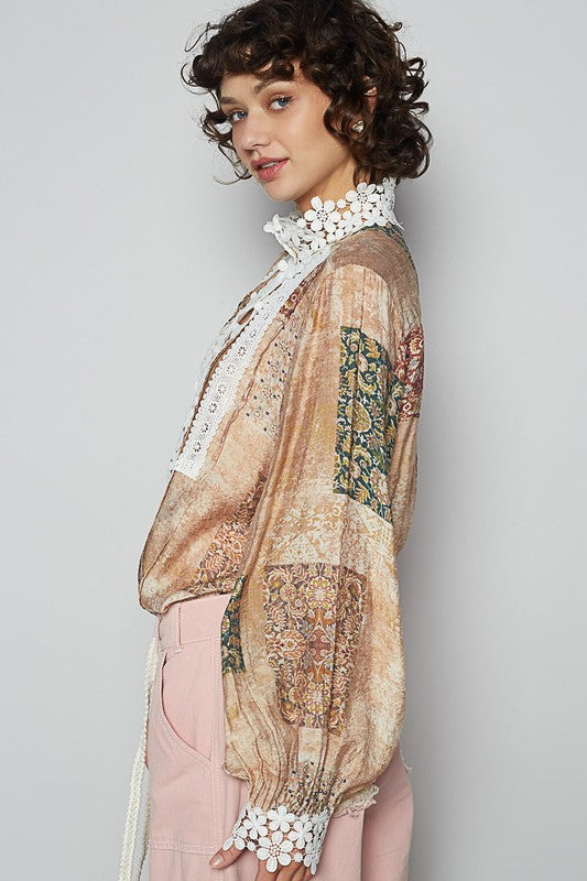 POL Mocha Lace Detail Printed Button Down Shirt