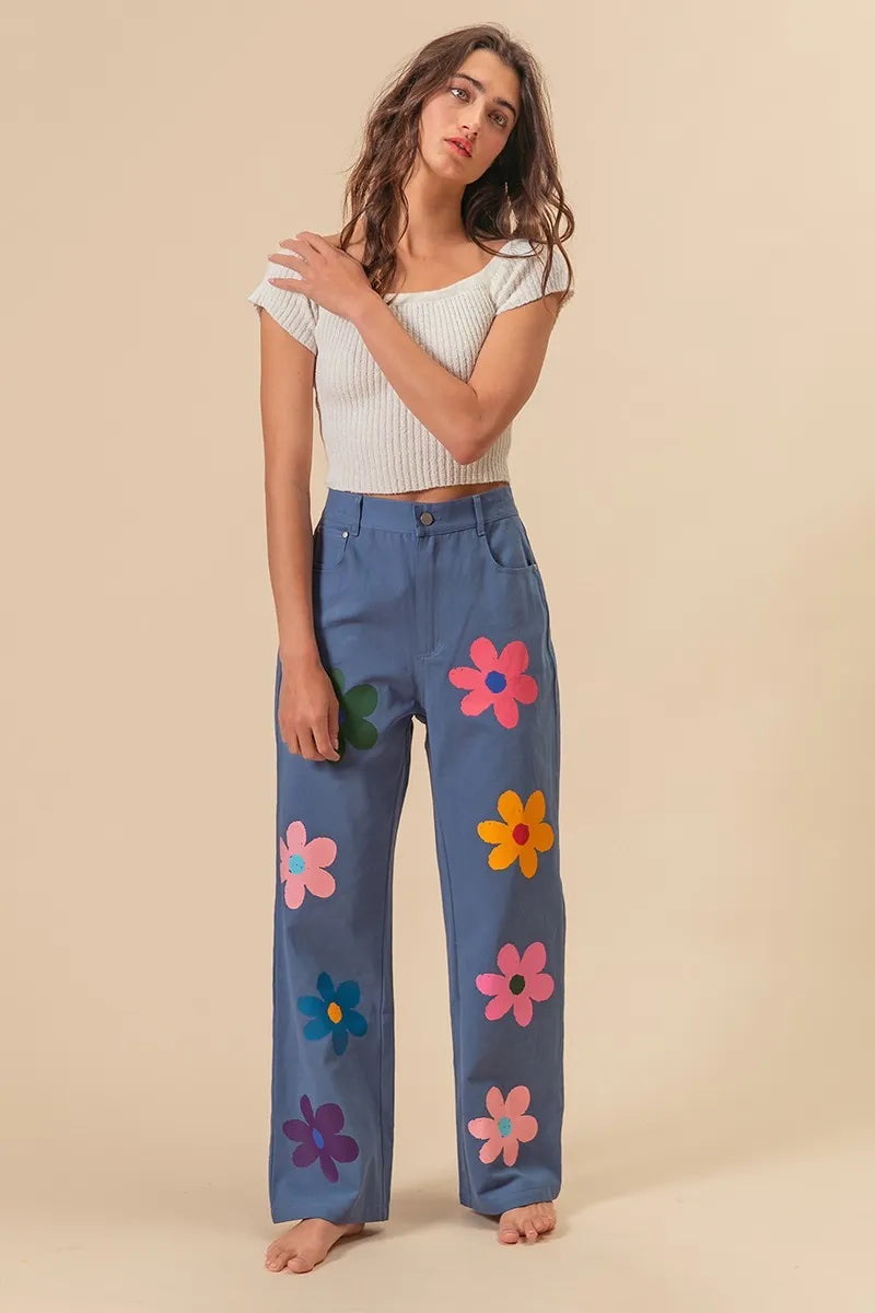 BiBi Flower Print Straight Legs Denim Pants