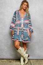 POL Striped Floral Long Sleeve Mini Dress with Pintuck Detail