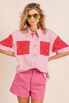 BiBi Pink Sequin Detail Raw Hem Short Sleeve Shirt Trendsi