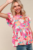 Haptics Coral Floral Print Folded Short Sleeve Babydoll Top