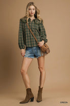 Umgee Green Plaid Ruffle Collar Blouse