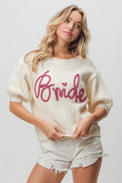 BiBi Ivory Bride Metallic Letter Short Puff Sleeve Hairy Sweater IVORY
