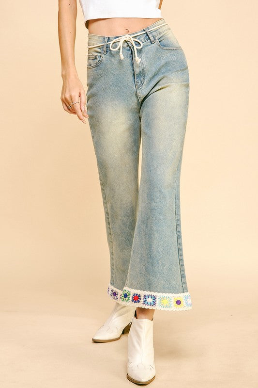 Davi & Dani Crochet Trim Flare Jeans with Pockets Jeans