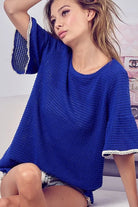 BiBi Royal Blue Popcorn Waffle Knit Top with Pompom Lace