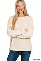 Zenana Sand Beige Double Knit Round Neck Long Sleeve Top