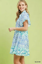 Umgee Blue Mixed Floral Tiered Mini Dress with Flutter Sleeves