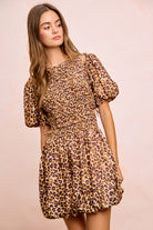 BiBi Leopard Bow Tie Attachable Puff Sleeves Dress