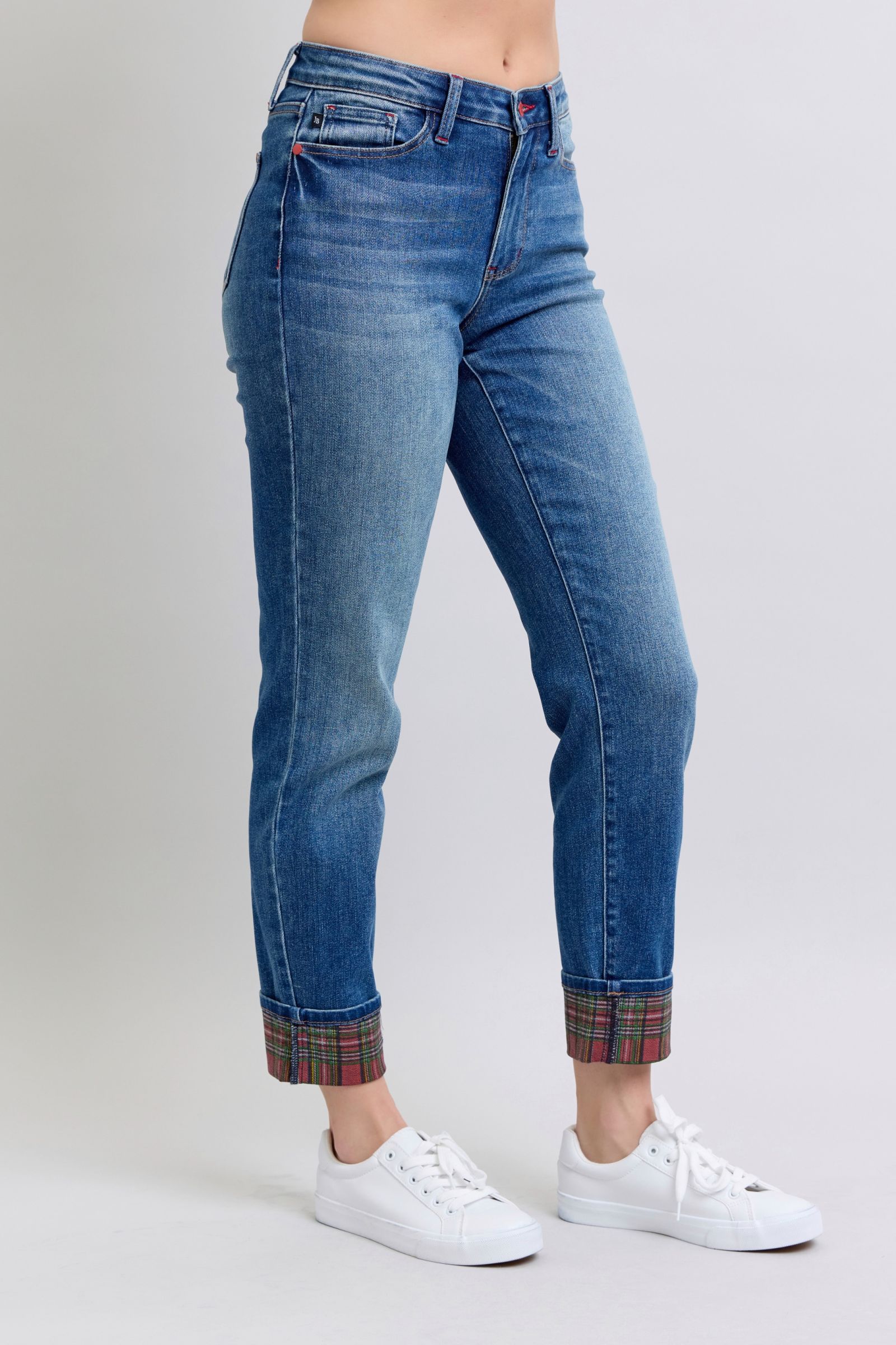 Judy Blue Plaid Print Cuff Straight Leg Mid-rise Boyfriend Jeans Jeans