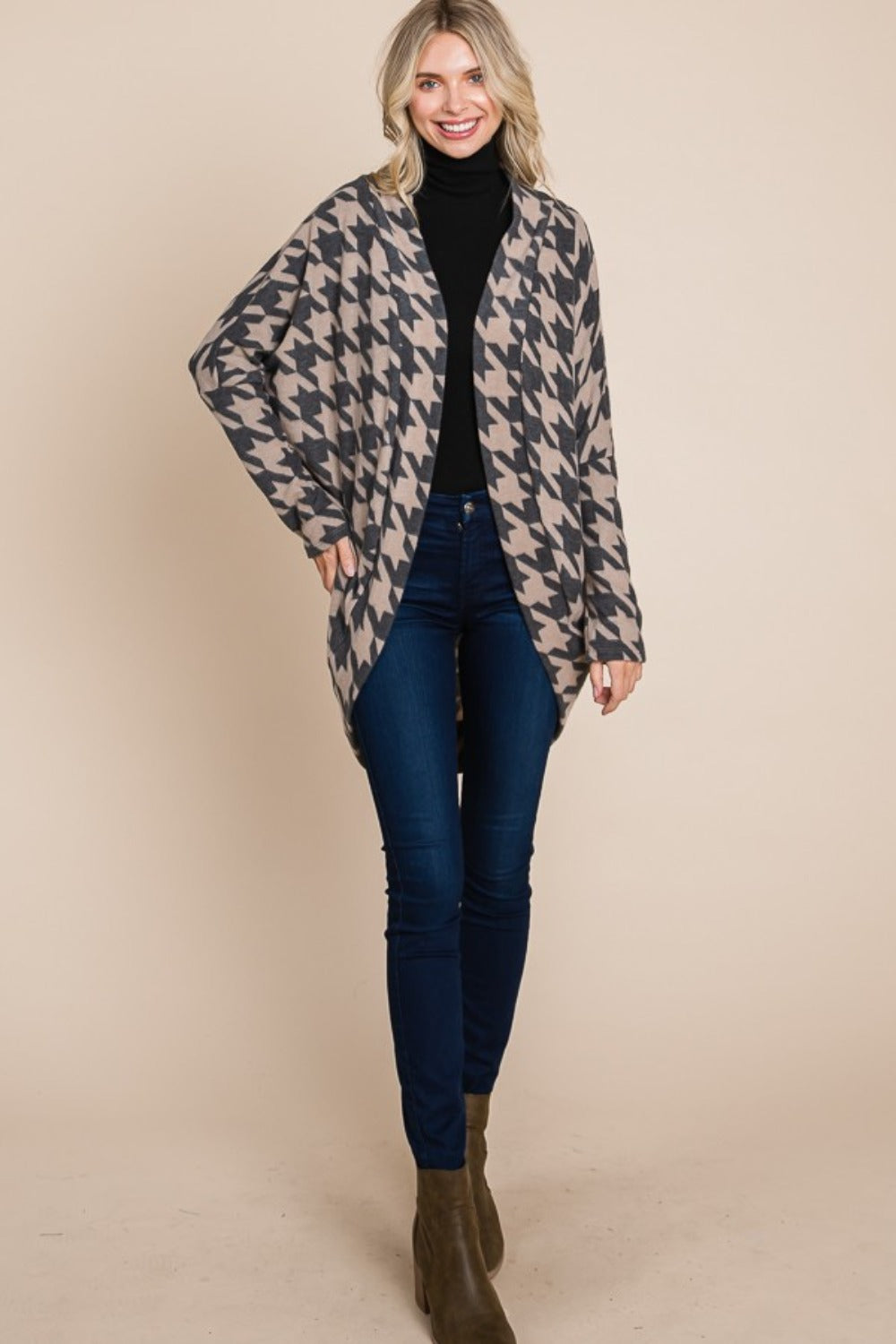 BOMBOM Houndstooth Open Front Cocoon Knit Cardigan Shirts & Tops