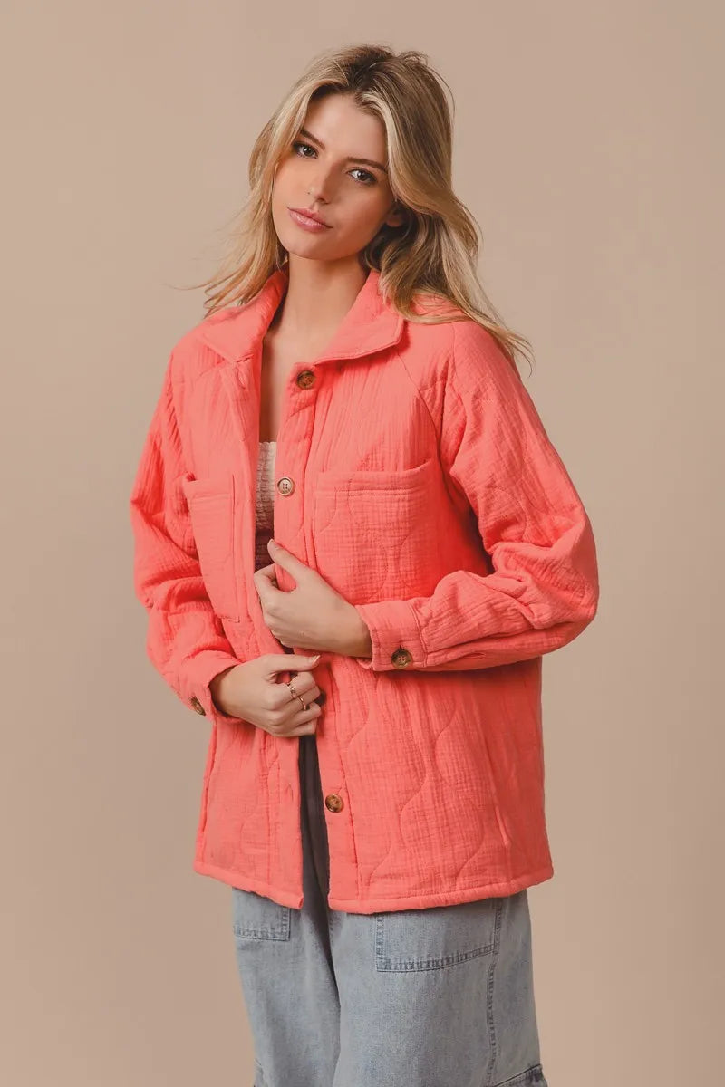 BiBi Coral Quilted Wrinkle Gauze Long Sleeve Shacket CORAL