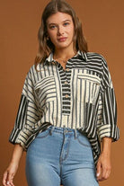 Umgee Pointelle Stripped Half Button Collared Neck Top