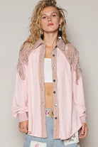 POL Pink Lace Patchwork Button Up Shacket Blush Pink