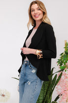 Celeste Black Rolled Leopard Cuff Open Front Blazer Trendsi