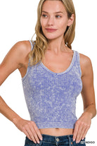 Zenana Light Indigo Washed Ribbed Seamless Cropped V-neck Tank Top LT INDIGO