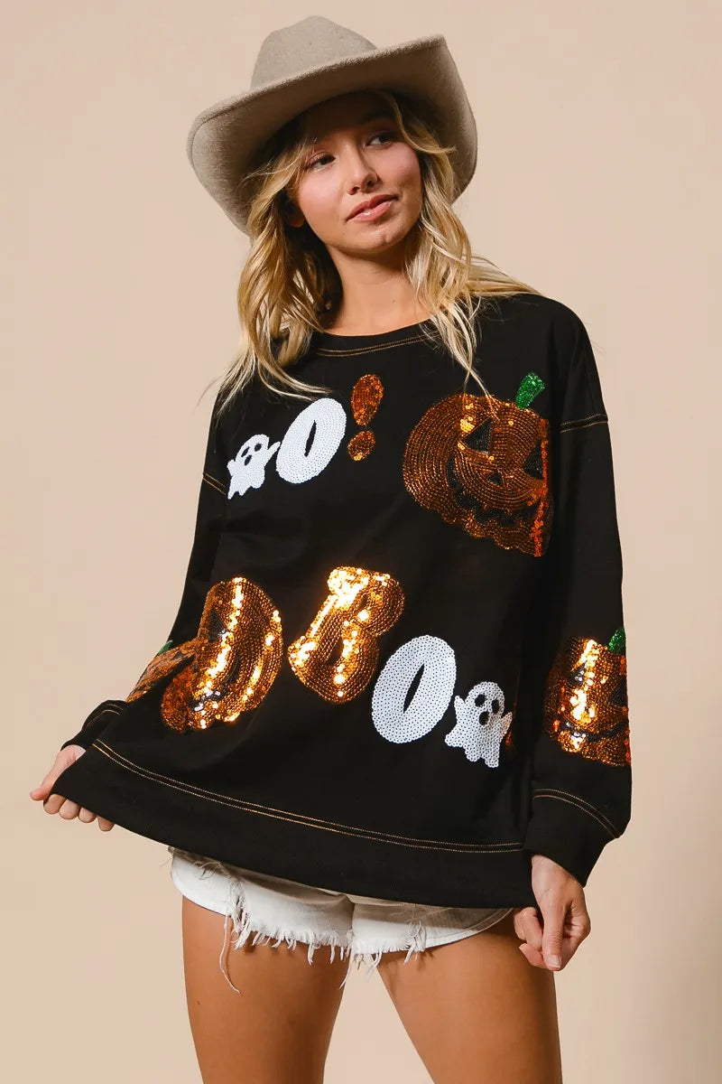 BiBi Black Halloween Theme Sequin Embroideries Sweatshirt