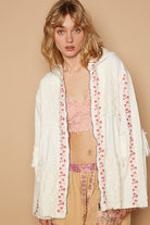 POL Ivory Embroidered Lace Patch Zip Up Hooded Jacket Coats & Jackets