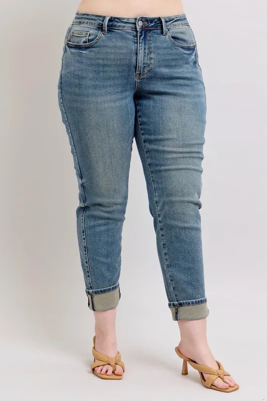 Judy Blue Mid Rise Vintage Wash Double Roll Cuff Boyfriend Jeans