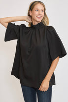 Umgee Bow Tie Back Mock Neck Half Sleeve Blouse in Black Black Shirts & Tops