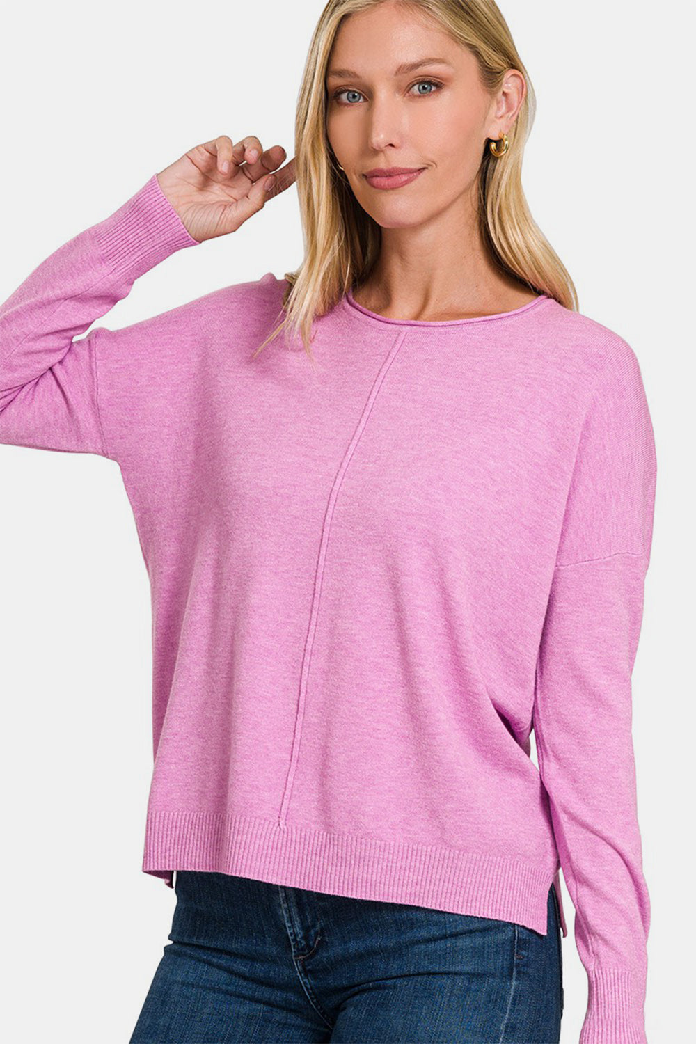 Zenana Moonlit Mauve Front Seam Round Neck Sweater Shirts & Tops