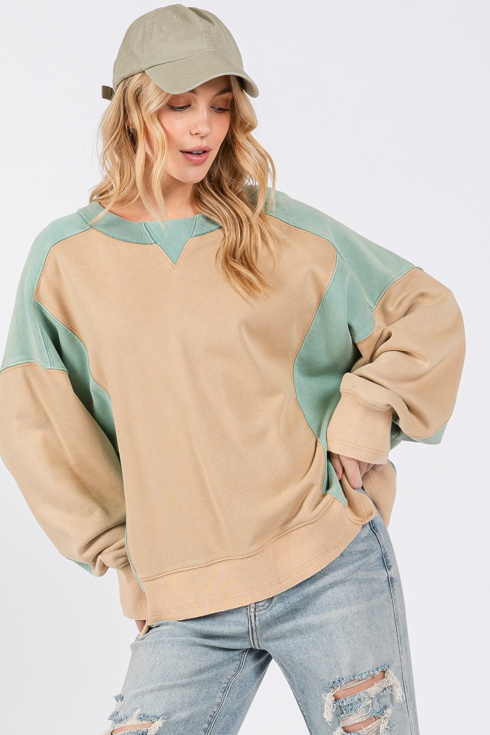 SAGE + FIG Cookie & Green Color Block Round Neck Sweatshirt Trendsi