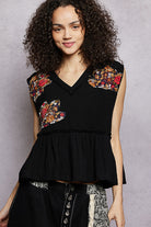 POL Black Floral Patch Ruffled Sleeveless Top with Raw Edge Detail BLACK