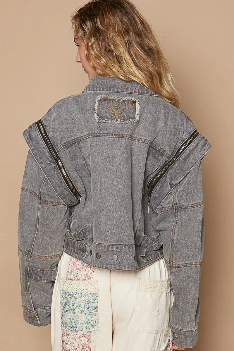 POL Dark Gray Cropped Denim Jacket with Functional Zipper Detail