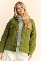 Davi & Dani Yellow Green Quilted Button Down Shacket with Chest Pockets Yellow-Green Coats & Jackets